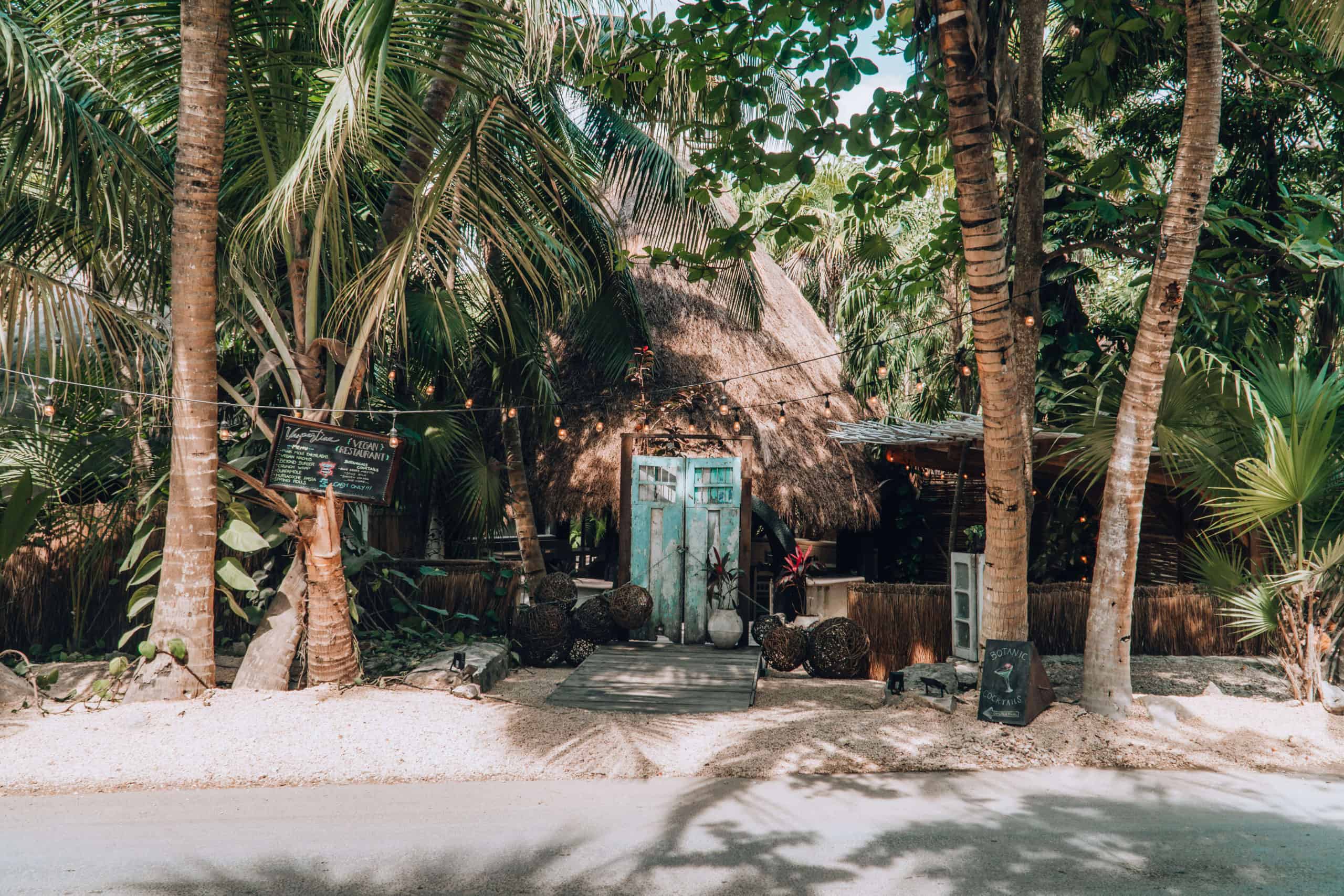 Cute shops and restaurants along the main Tulum beach road in Tulum, Mexico