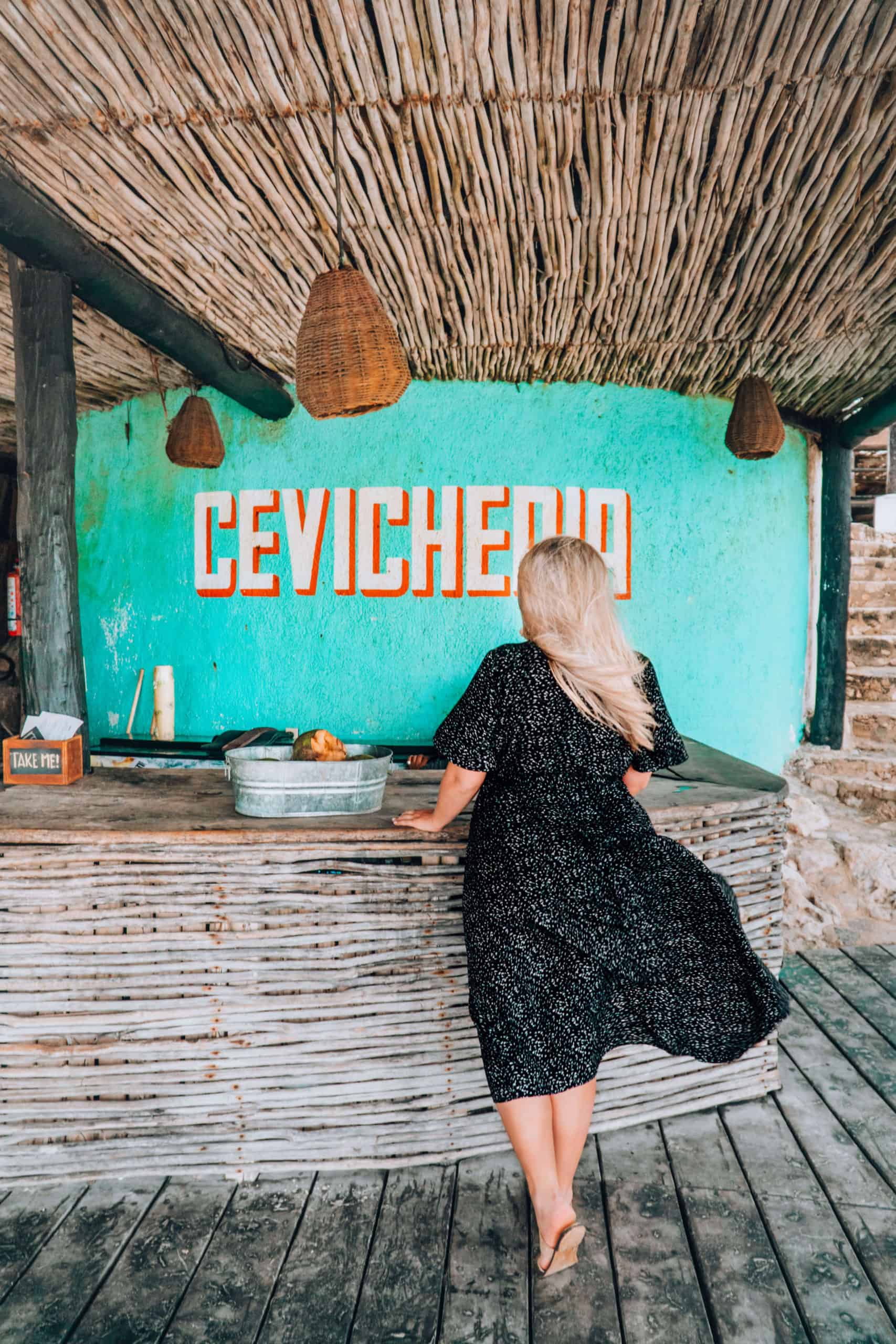 Ordering ceviche at the Cevicheria at Playa Papaya Project in Tulum