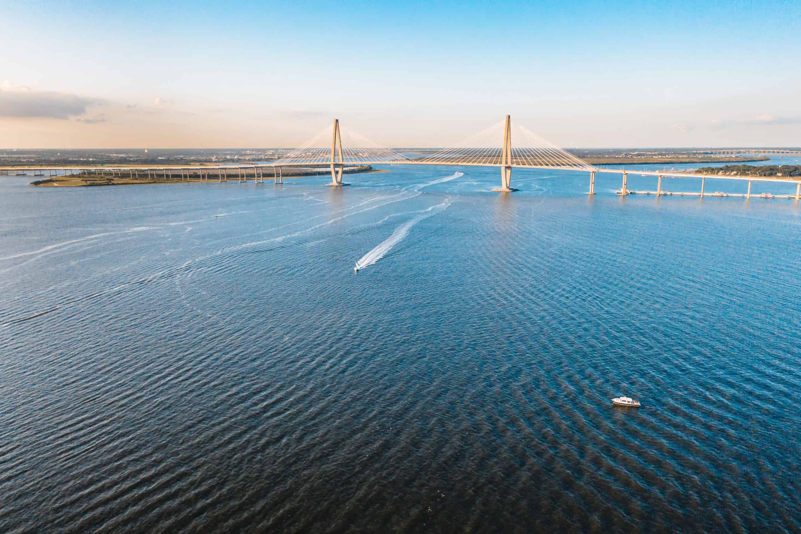 Boating by the Arthur Ravenel Jr. Bridge in Charleston, South Carolina