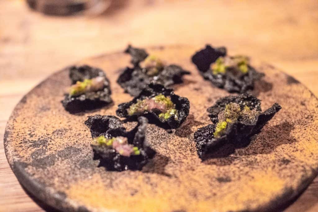 DINING AT FAUNA IN VALLE DE GUADALUPE | Cactus tostada with squid ink | The Republic of Rose | #ValleDeGuadalupe #Baja #Mexico #Fauna #Bruma #RutaDelVino #Ensenada