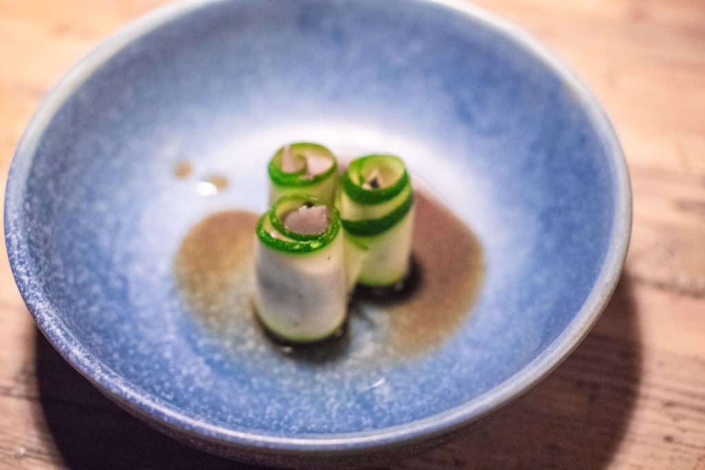 DINING AT FAUNA IN VALLE DE GUADALUPE | Sardine zucchini roll | The Republic of Rose | #ValleDeGuadalupe #Baja #Mexico #Fauna #Bruma #RutaDelVino #Ensenada