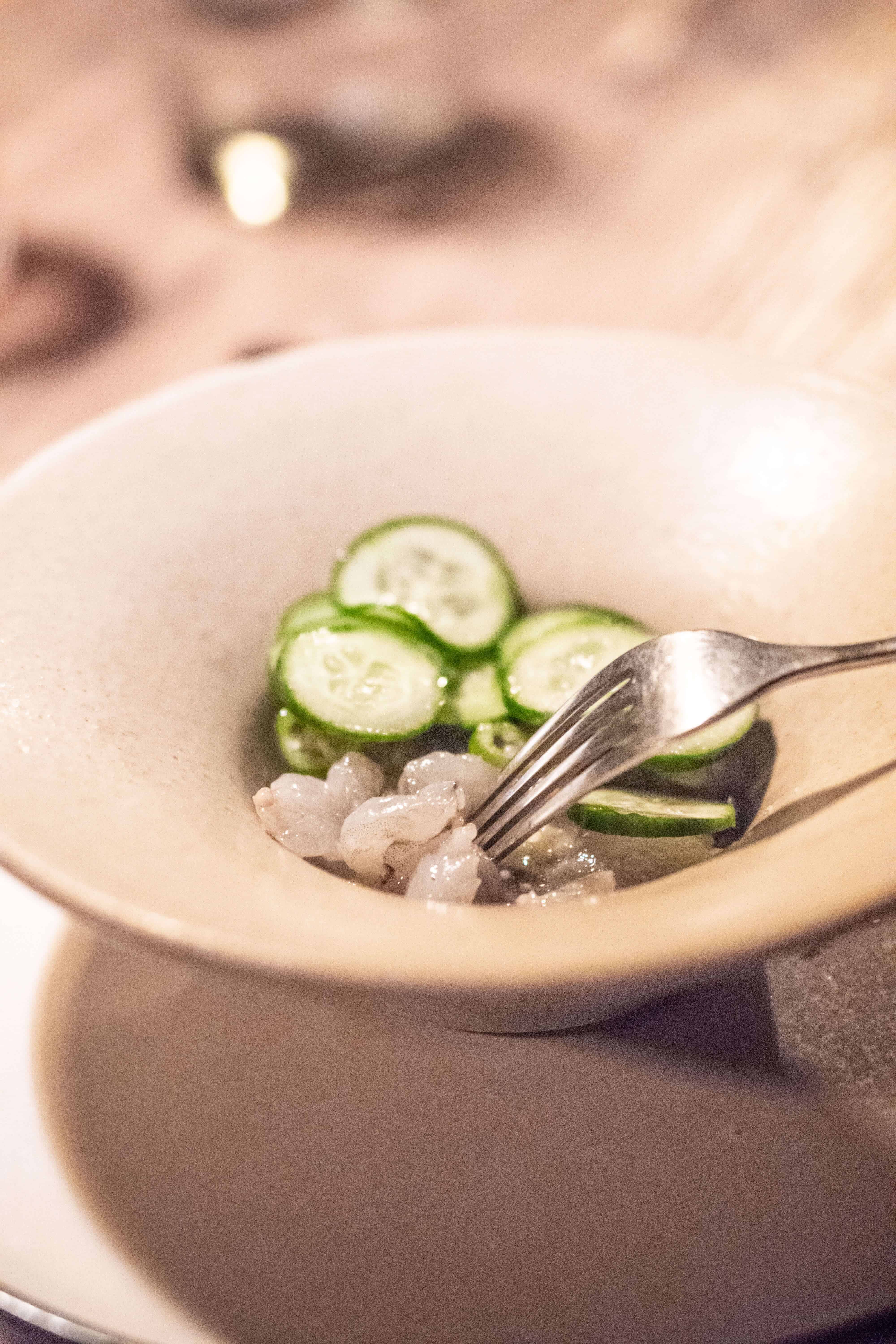 DINING AT FAUNA IN VALLE DE GUADALUPE | Shrimp ceviche with cucumber with chili from Oaxaca | The Republic of Rose | #ValleDeGuadalupe #Baja #Mexico #Fauna #Bruma #RutaDelVino #Ensenada