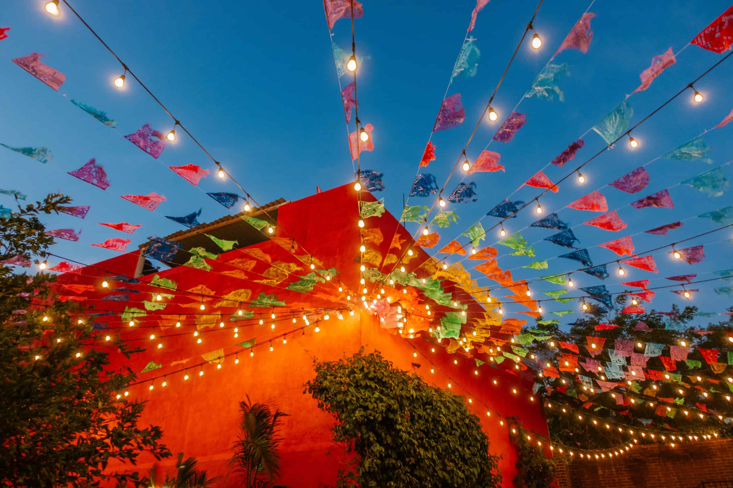 Colorful flags and string likes as Tres Gallos in Cabo San Lucas, Mexico