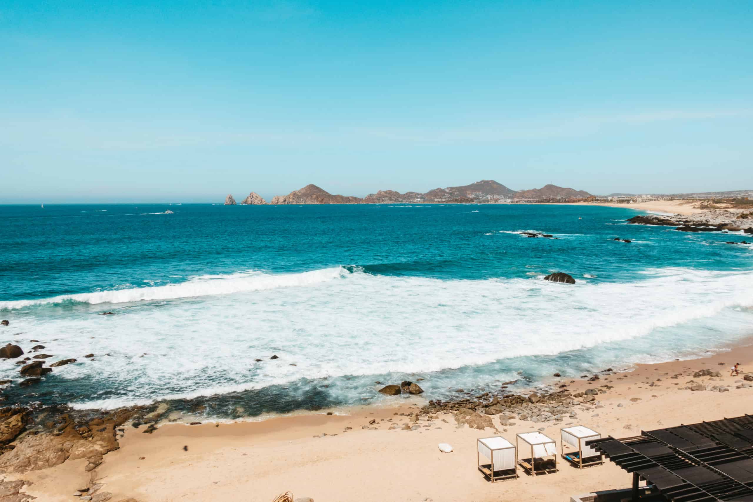 Beach area and view of the arch at the Cape Thompson in Cabo San Lucas, Mexico