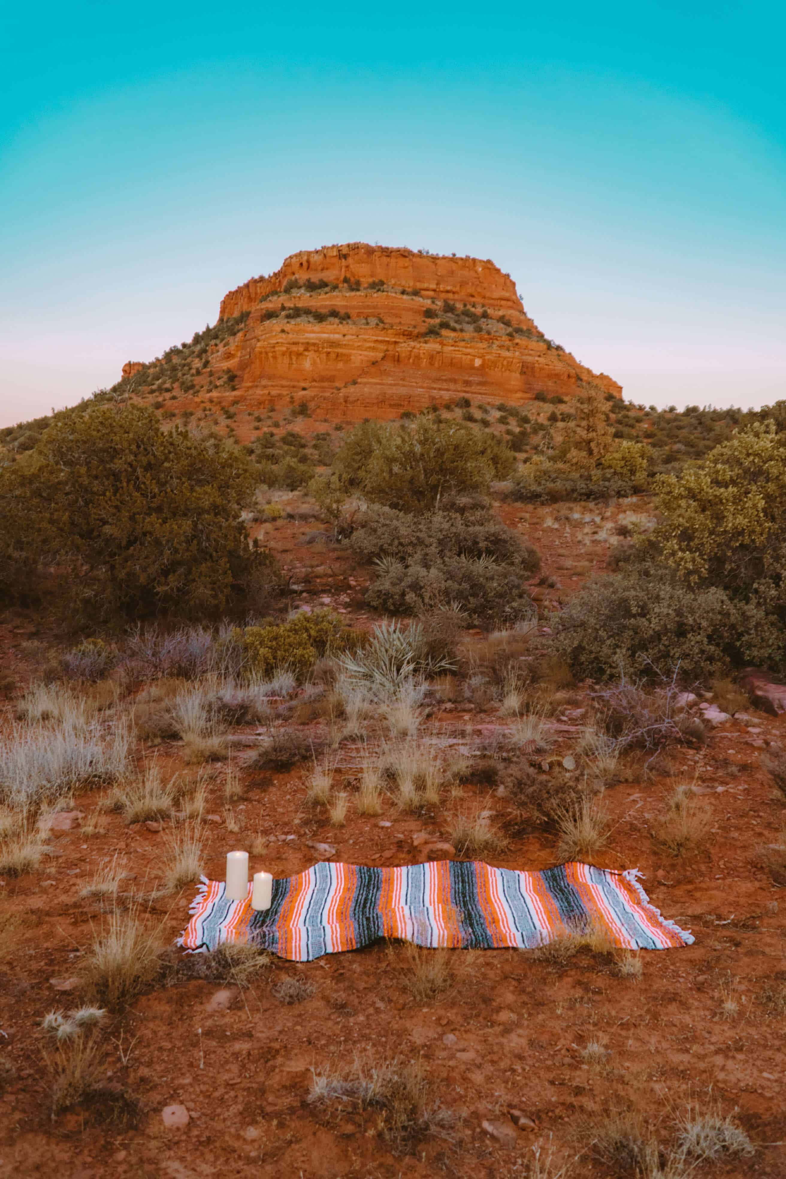 Picnic set up for a beautiful desert sunset in Sedona, Arizona