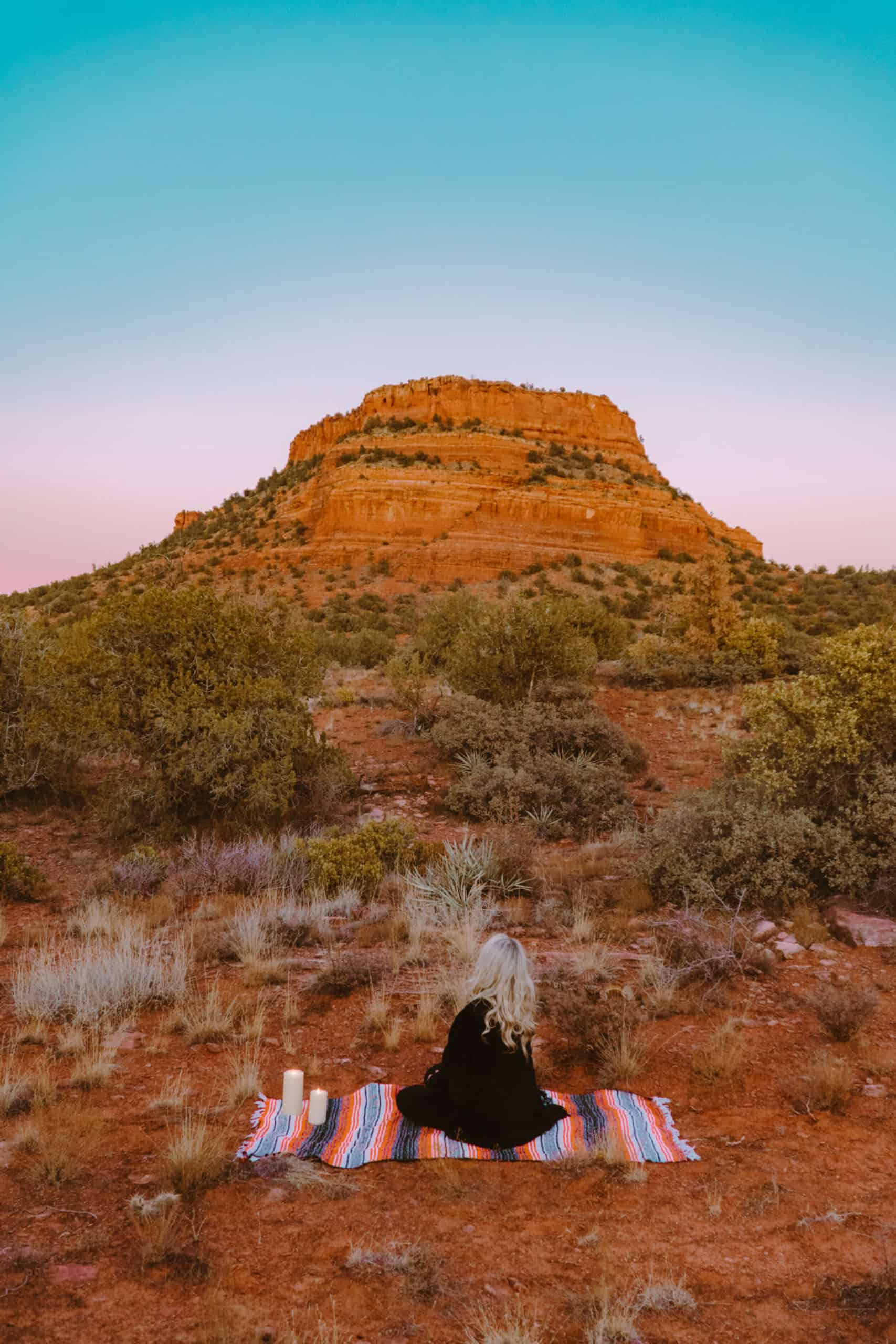 Picnic set up for a beautiful desert sunset in Sedona, Arizona