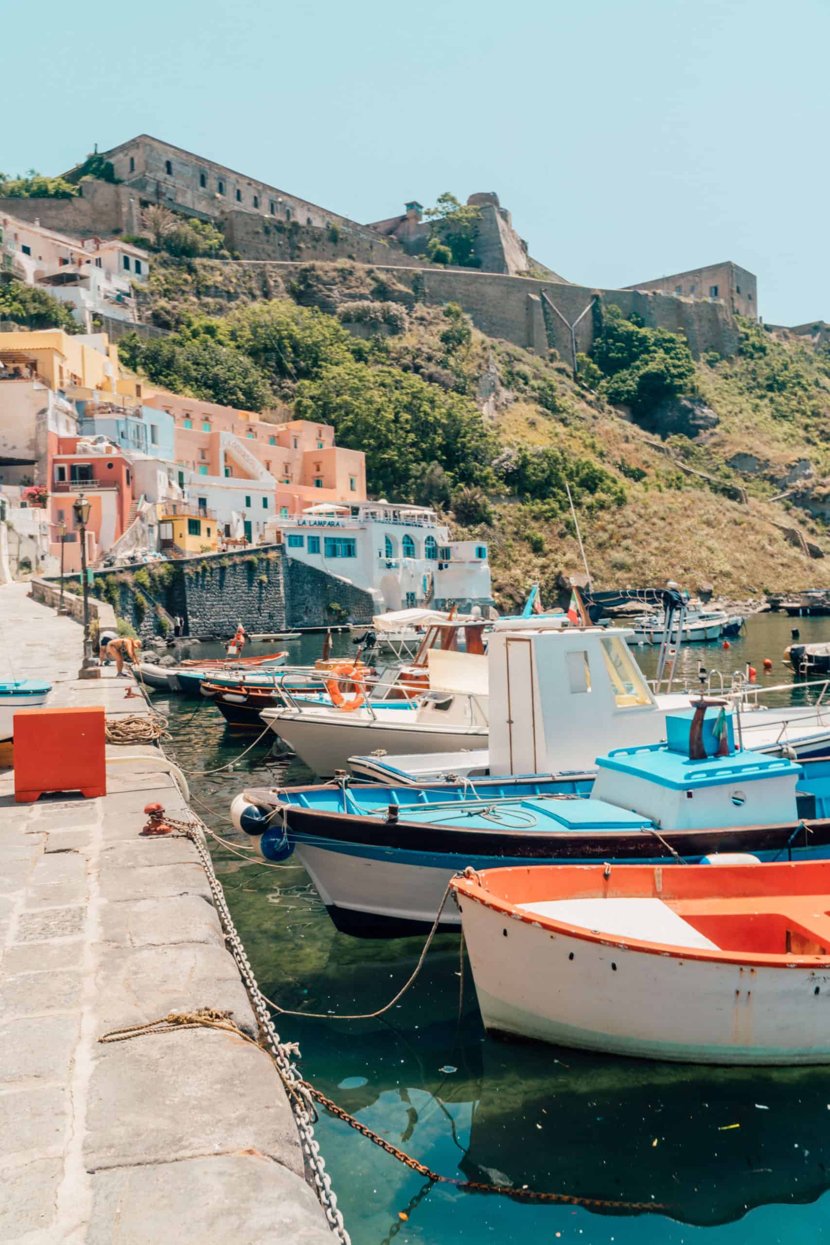 Fishing boats in the marina on Procida island in Italy