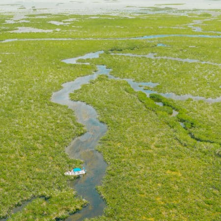 Boating through the water canals in Laguna Campechen of Sian Ka'an Biosphere Reserve in Mexico