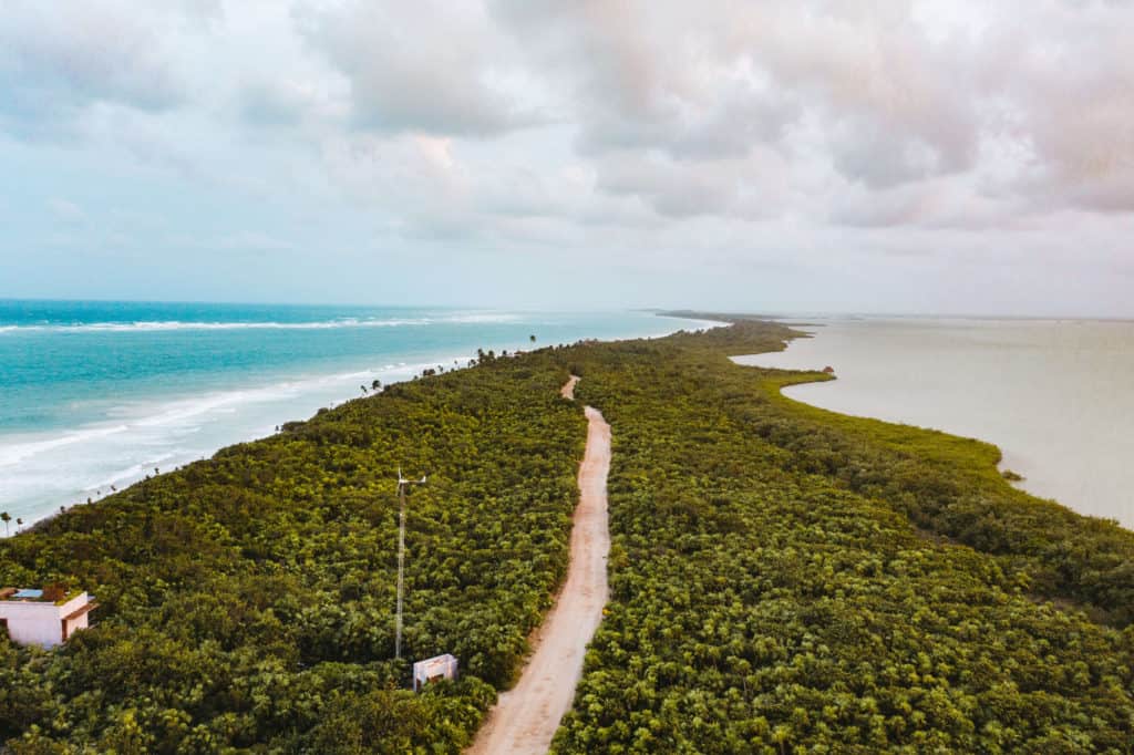 Aerial view of the road to Punta Allen in Sian Ka'an