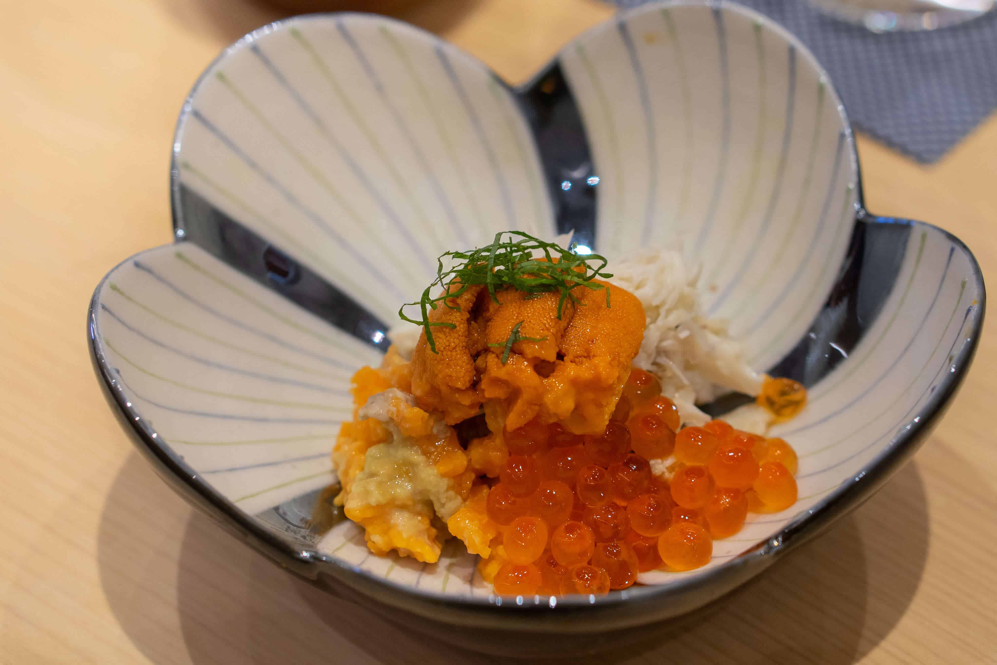 Blue soft shell crab and rice topped with Hokkaido uni and ikura | Dining at Sushi Ginza Onodera in Los Angeles