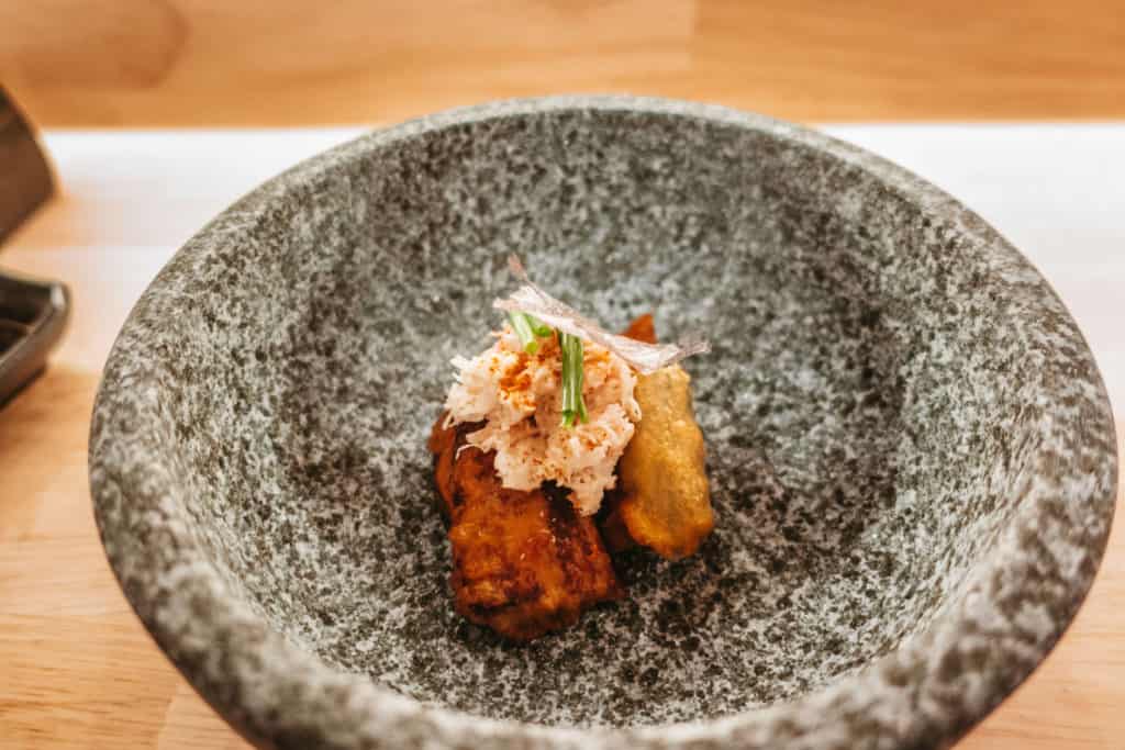 Crab and Japanese sweet potato at Rebel Omakase in Laguna Beach