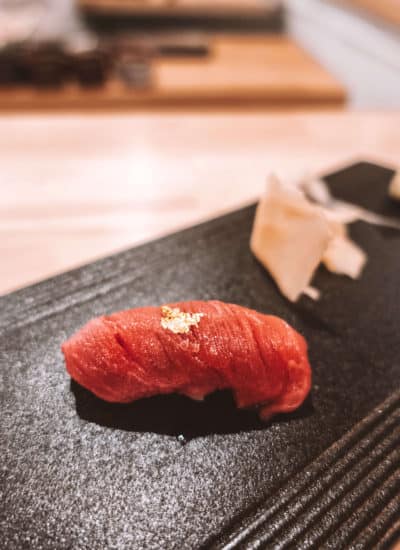 Nigiri topped with a gold flake at Rebel Omakase in Laguna Beach