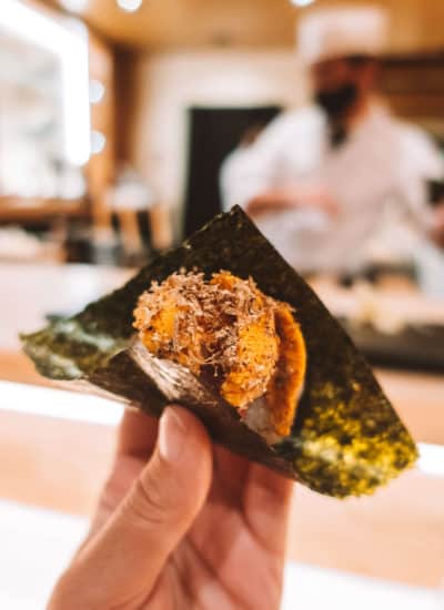 Fresh, shaved truffle on uni hand rolls at Rebel Omakase in Laguna Beach