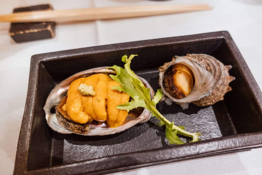 Abalone topped with uni and sea snail | Dining at Hanare Sushi in Costa Mesa, California