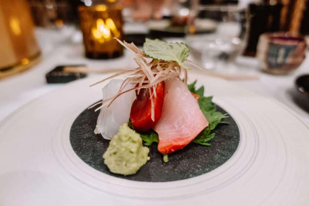 Kinmedai (or red eye snapper), tuna, yellowtail and cherry trout sashimi | Dining at Hanare Sushi in Costa Mesa, California