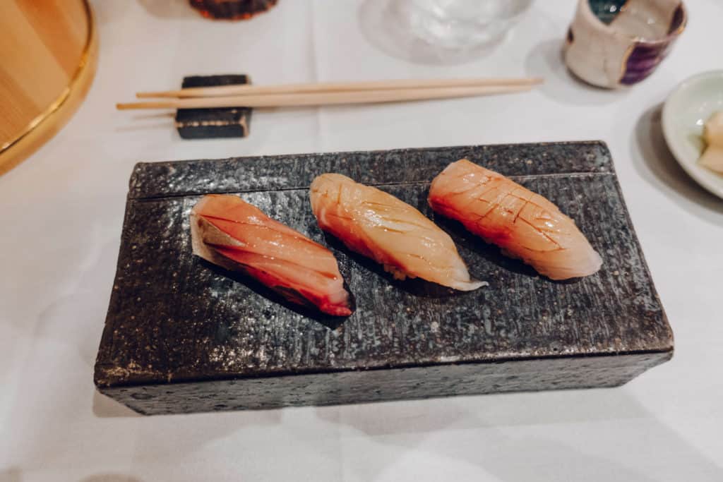 Shima-aji (or striped jack), Kanpachi (or amberjack) and seabass nigiri | Dining at Hanare Sushi in Costa Mesa, California