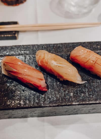 Shima-aji (or striped jack), Kanpachi (or amberjack) and seabass nigiri | Dining at Hanare Sushi in Costa Mesa, California