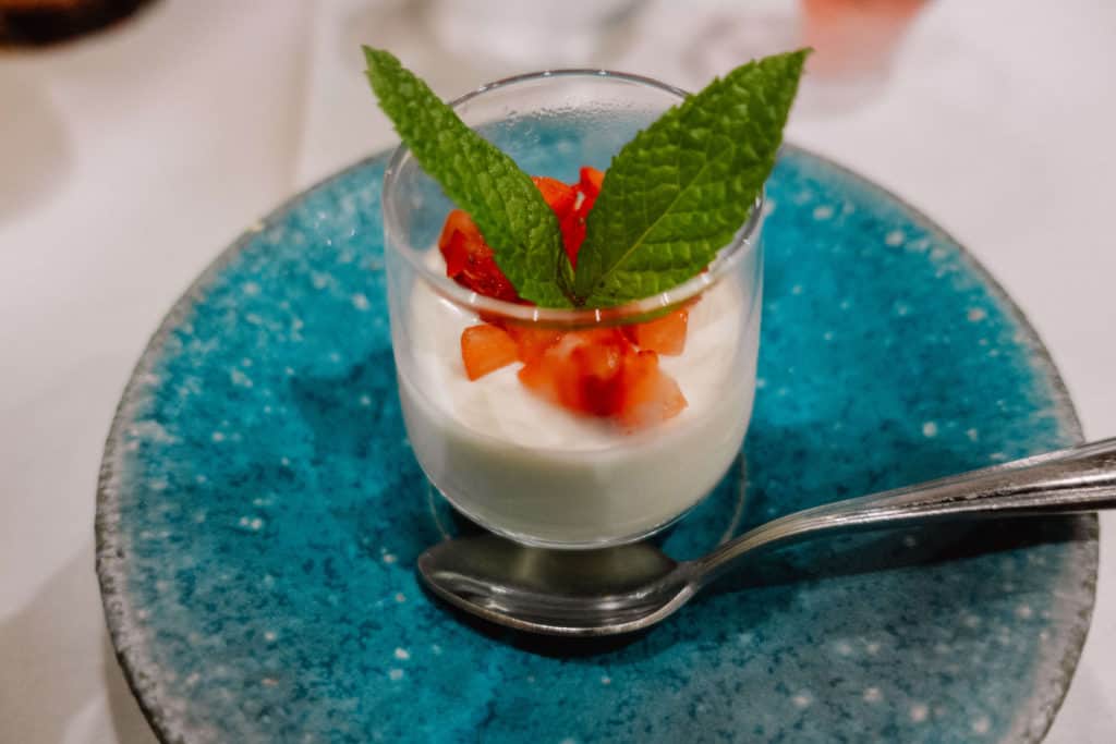 Almond panna cotta topped with macerated strawberries | Dining at Hanare Sushi in Costa Mesa, California