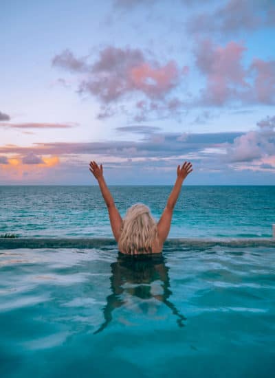 Watching sunset from the rooftop pool at Casa Mam in Tulum, Mexico