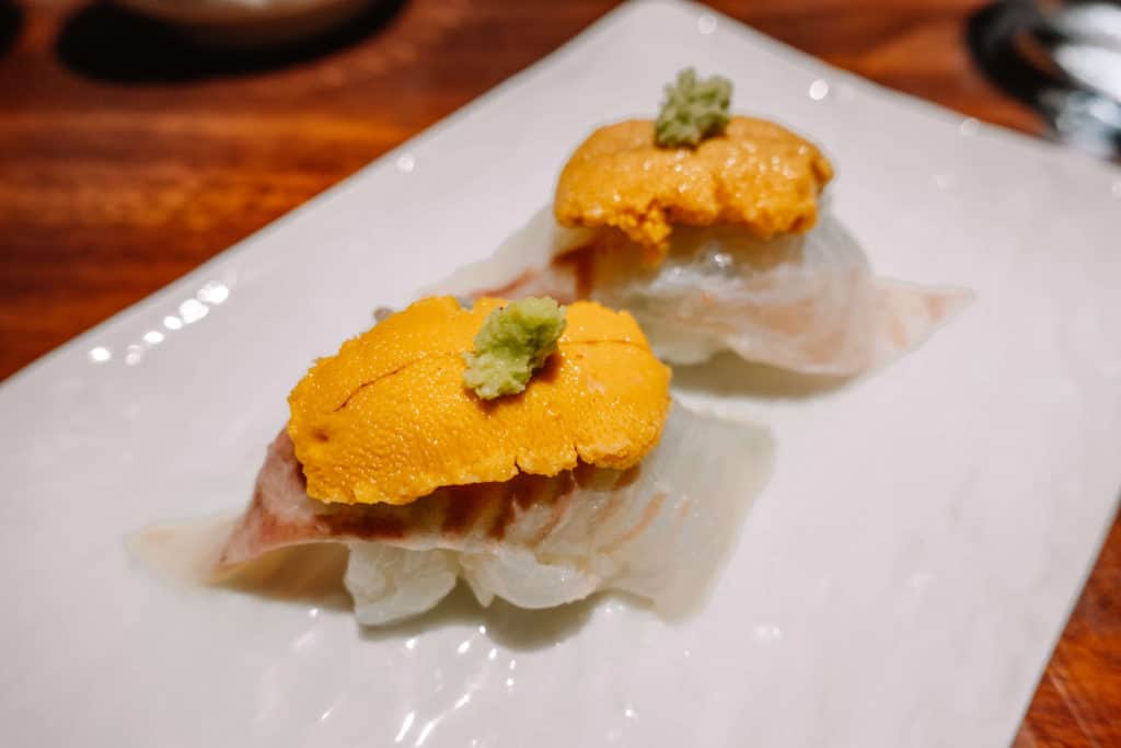 Nigiri topped with uni | Dining at Ootoro Sushi in Irvine, California