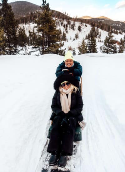 Sitting in the dog sled in Breckenridge, Colorado