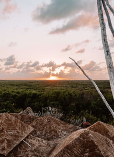 Sunset over the jungle from Kin Toh at Azulik in Tulum, Mexico
