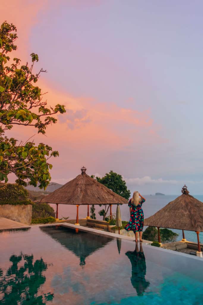 Sunset views from the pool at Amankila in Bali, Indonesia