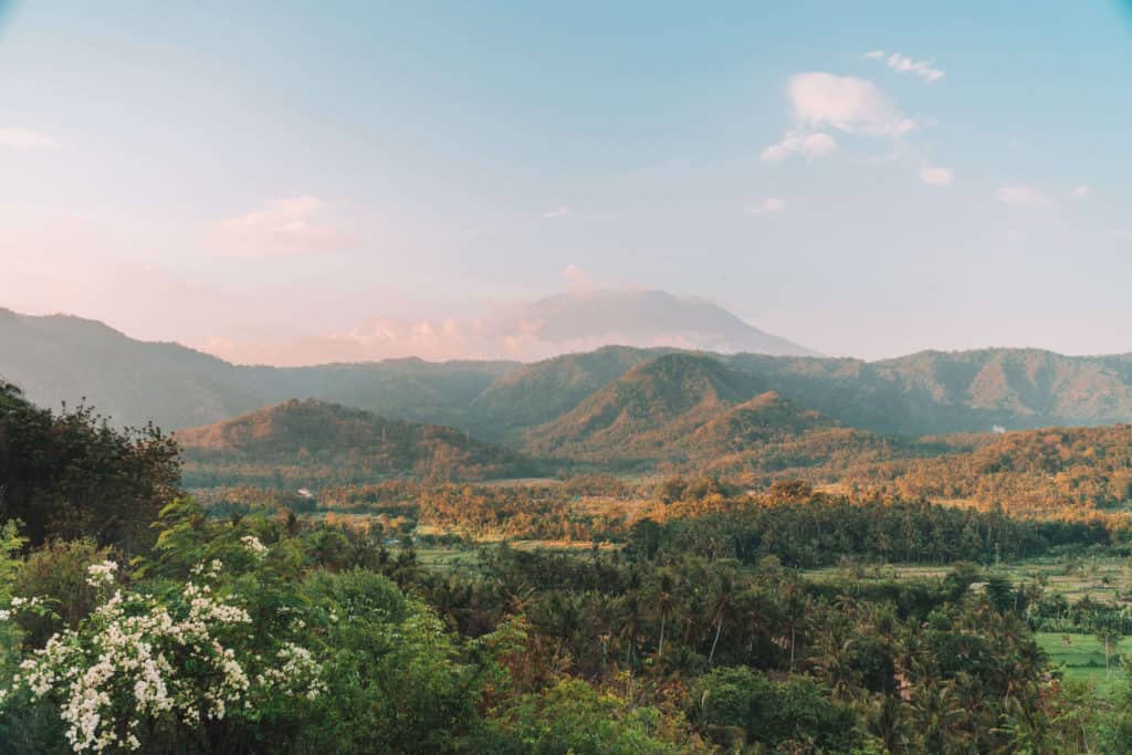 Sunset view of Mount Batur from Amankila in Bali, Indonesia