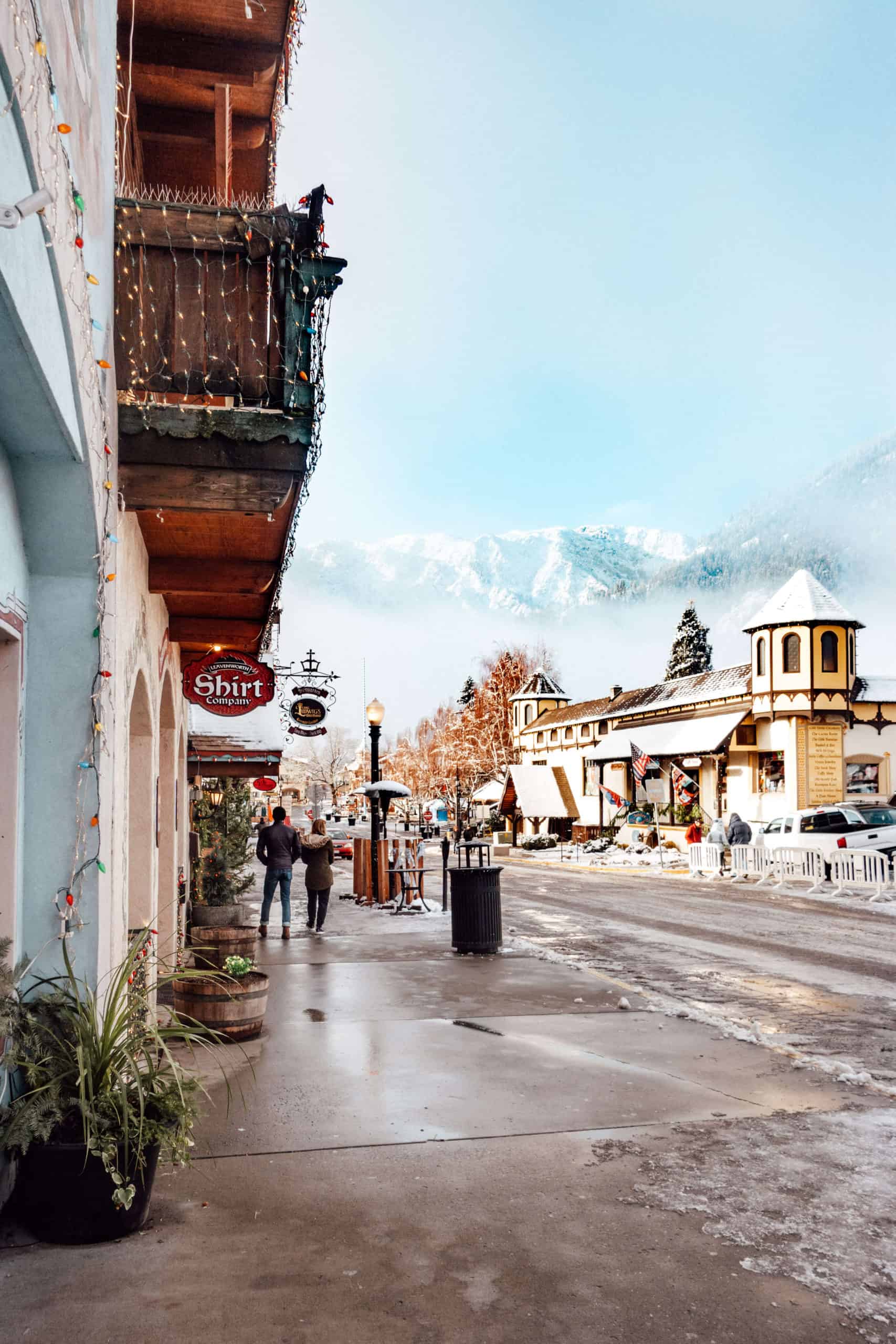 Bavarian-style buildings with Cascade Mountains in the backdrop