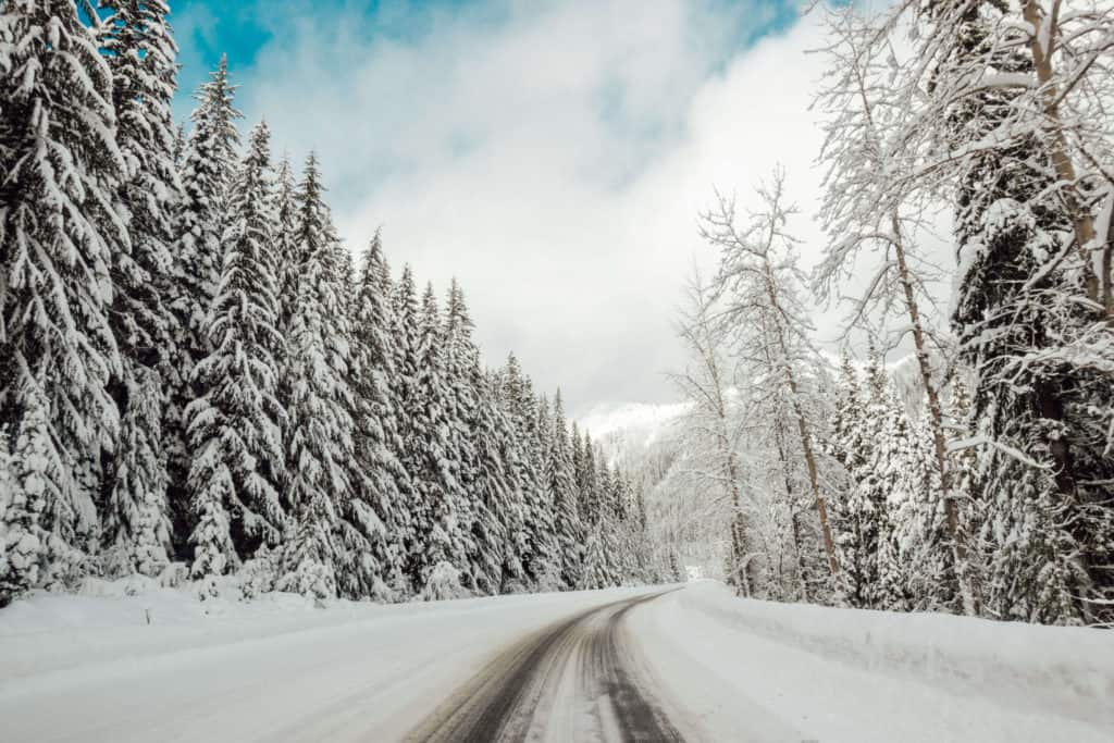 Snowy road driving from Seattle to Leavenworth, Washington