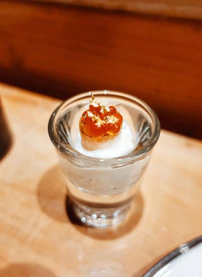 Yuzu-honey cream topped with ikura and Japanese pear at Omakase by Gino