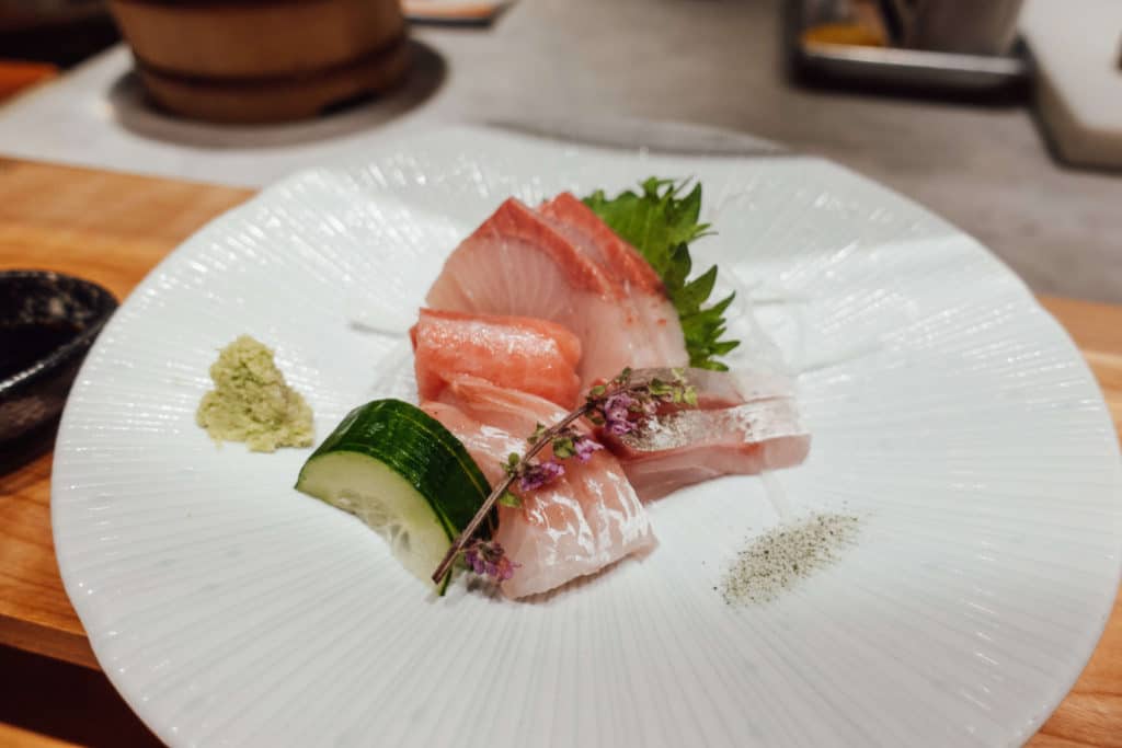 Toro, sea bream, striped jack and yellowtail sashimi at Omakase by Gino