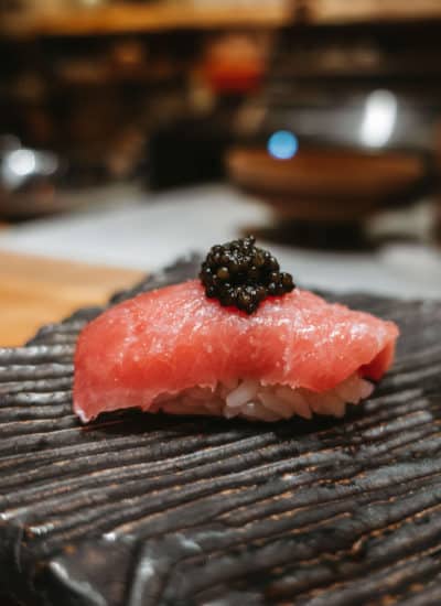 Toro nigiri topped with caviar