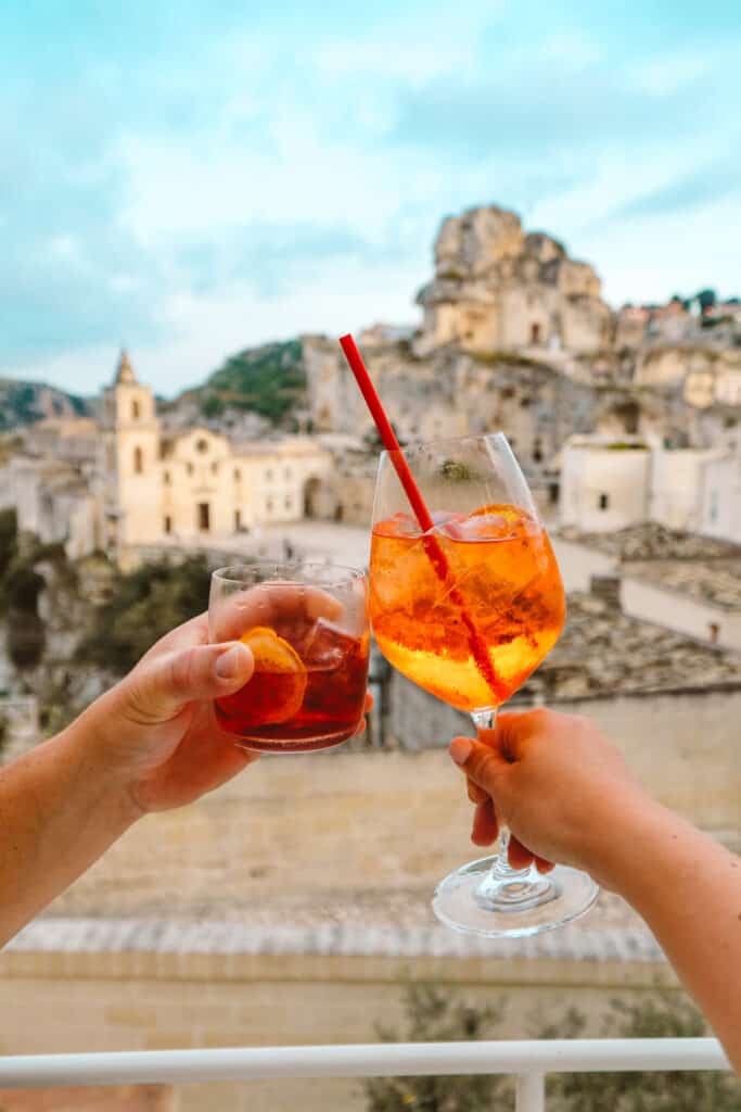 Cheers-ing drinks in Matera, Italy