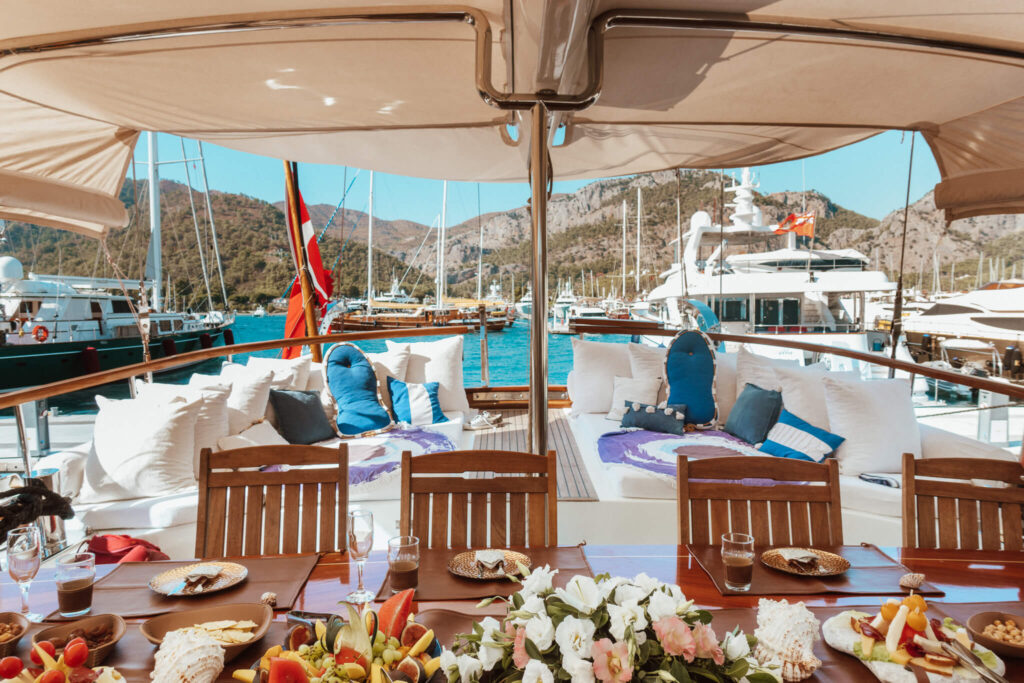 Lounge seat on back of the gulet boat in Turkey