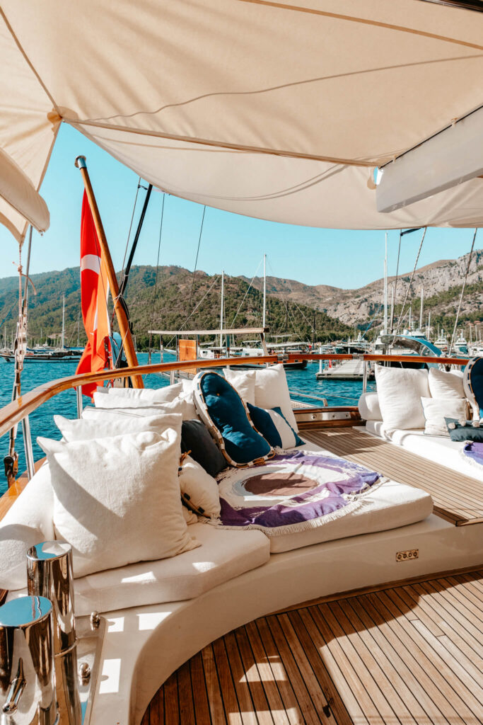 Lounge seat on back of the gulet boat in Turkey