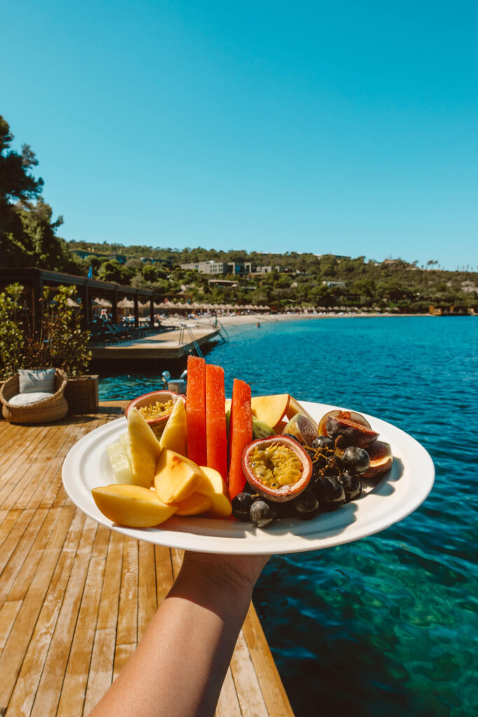 Fresh fruit plate at the private beach cabana of Mandarin Oriental Bodrum