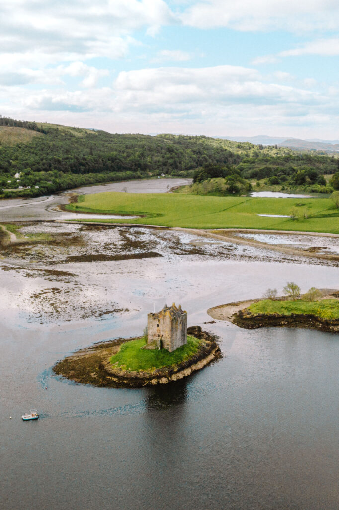 Aerial view of Castle Stalker in Loch Linnhe