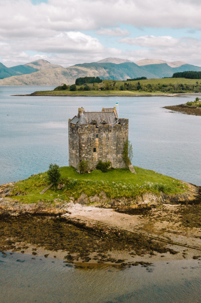 Aerial view of Castle Stalker in Loch Linnhe