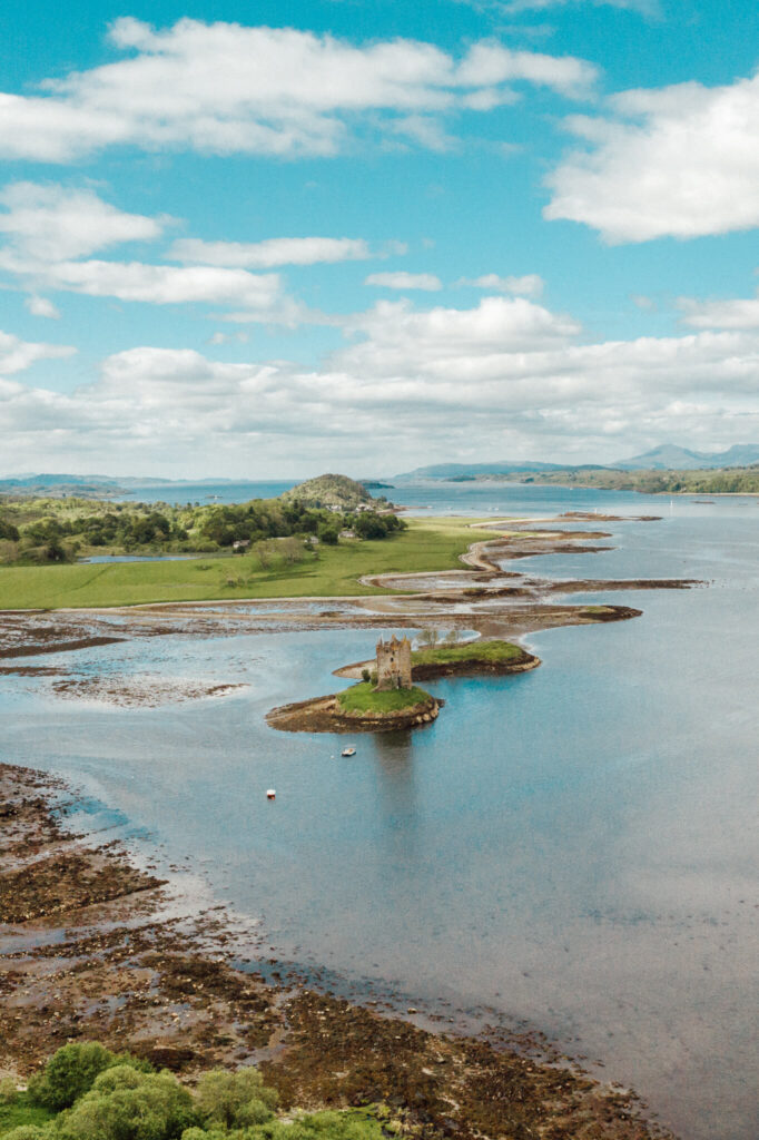 Aerial view of Castle Stalker in Loch Linnhe