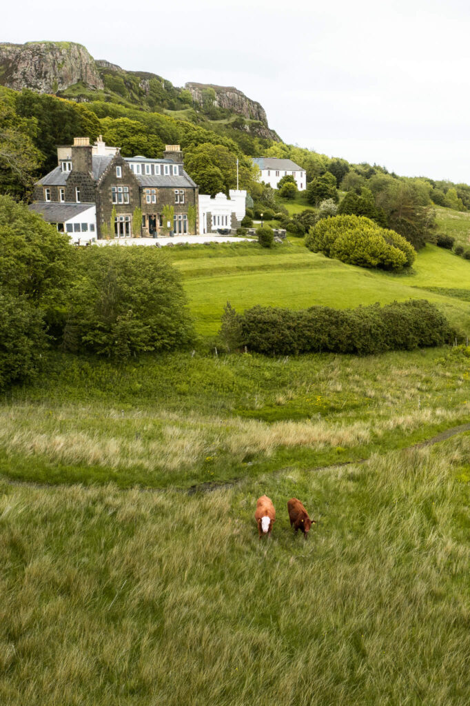 Aerial view of the Flodigarry Hotel and some cows