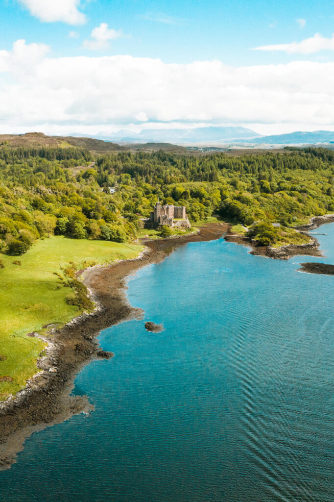 Aerial view of Castle Dunvegan on the shore of Loch Dunvegan