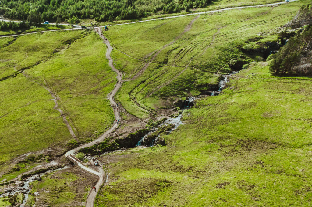 Aerial view of the fairy pools on Isle of Skye