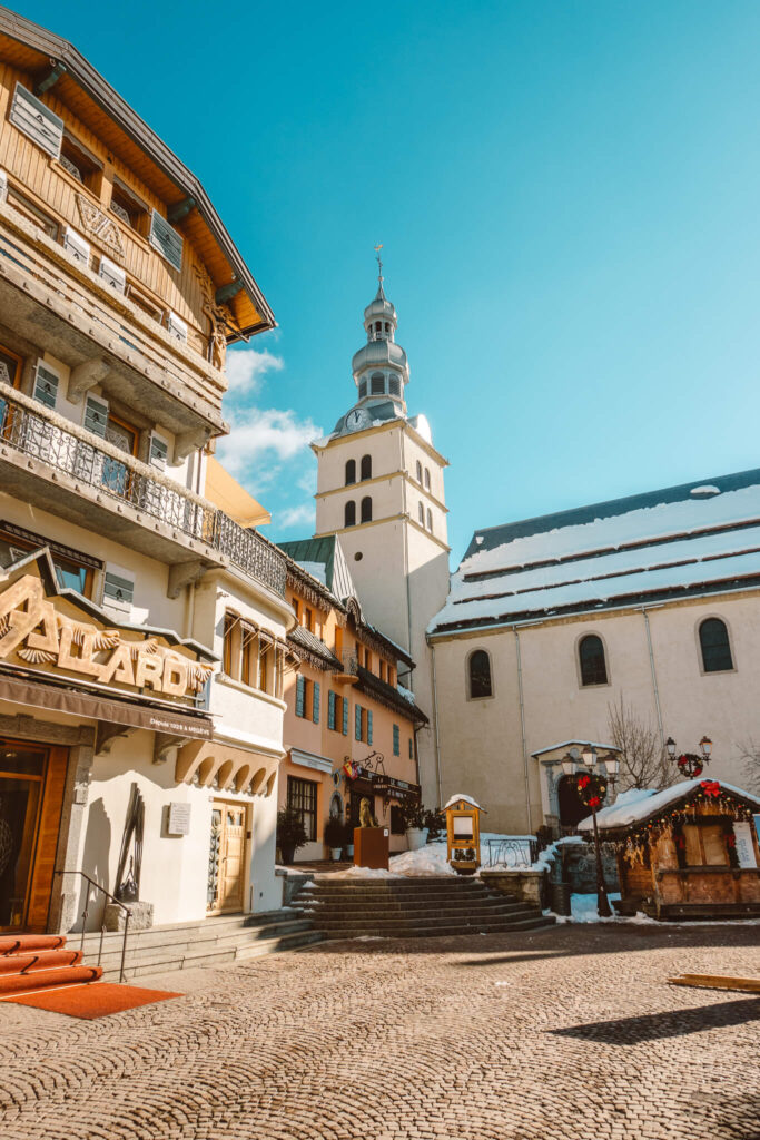 Clock tower in the village of Megeve, France