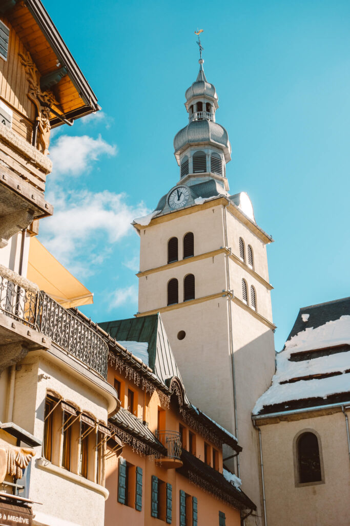 Clock tower in the village of Megeve, France