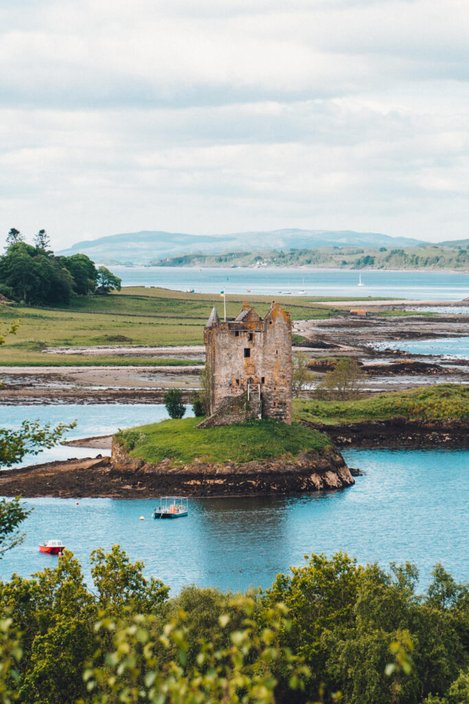 Castle Stalker with Loch Linnhe in the background