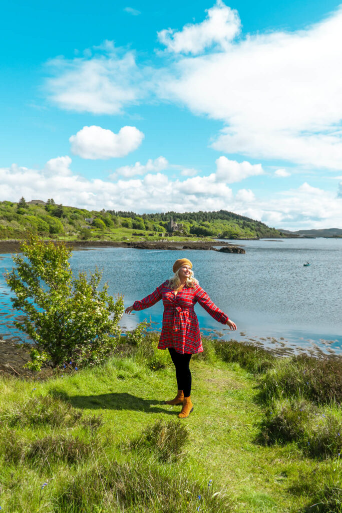 Posing in front of Loch Dunvegan with Dunvegan Castle in the background