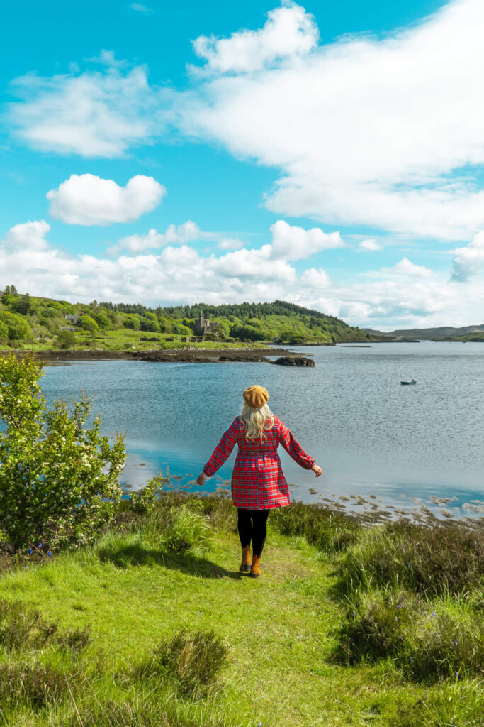 Posing in front of Loch Dunvegan with Dunvegan Castle in the background