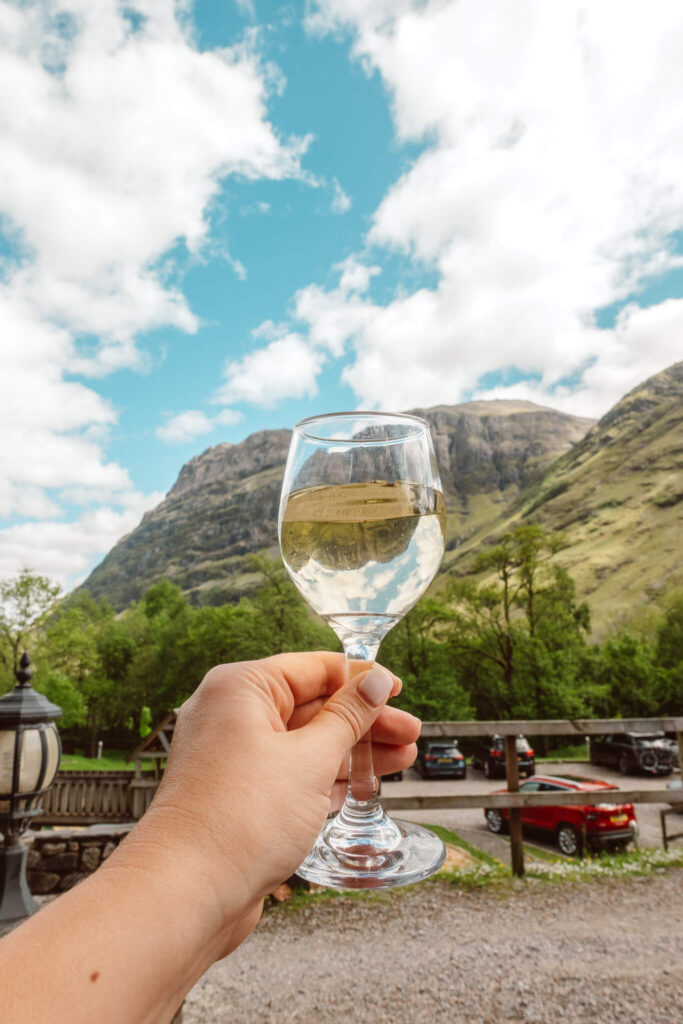 Wine and mountain views from the Clachaig Inn