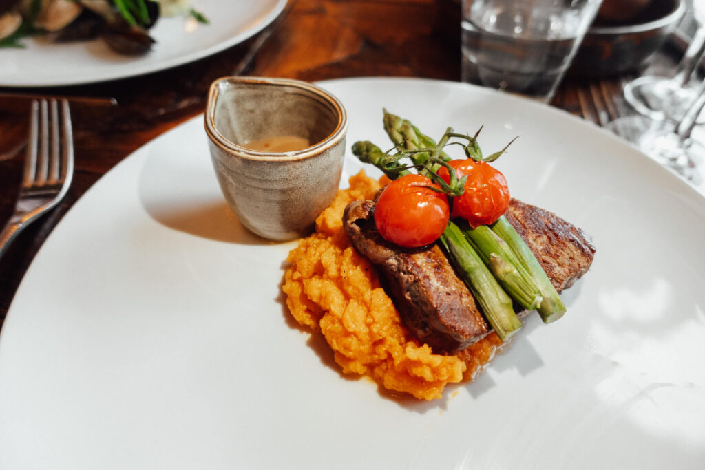 Steak dinner at Flodigarry Hotel